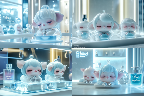 许多款香水，形态是圆润的小萌猪，有猪耳朵，猪鼻子和可爱萌表情，结合泡泡玛特香水盲盒手办形象pvc材质，底座玻璃的香水瓶，颜色以浅蓝色为主。脸上有露珠般的装饰，表情恬静，闭着眼睛仿佛在沉睡，结合香水喷头，香水底座，卡通形象，萌，细节，瓶身形态各异，香水展示，未来香水博物馆“盲盒香水”系列艺术展厅，多种颜色，盲盒香水礼物展示台，超写实超现代主义，科幻感，细节高清，未来主义，超清，细节，blender