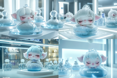many types of perfume bottles, shaped like ceramic glaze glass, with the top adorned with a round, cute piglet, featuring two adorable ears, and a cute, expression etched on the pig's nose. the design combines the blind box hand-painted image of perfume, with the color predominantly in light blue. the face is decorated with dewdrop-like embellishments, with a serene expression, as if it's sleeping with its eyes closed. the combination of the perfume sprayer, the base, cartoon characters, cuteness, details, and various bottle shapes showcase the perfume. it is part of the "blind box perfume" series art exhibition in the future perfume museum, featuring multiple colors, a blind box perfume gift display stand, hyper-realism, ultra-modernism, sci-fi feel, high-definition details, futurism, ultra-clear, details, blender.