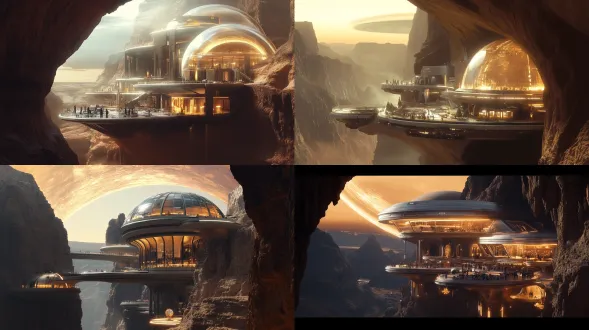 2190年，科幻冥王星，球星上有很多岩石洞，人类在冥王星上旅行居住，人类在这里搭建了一座做嵌入岩石峡谷的未来主义度假村封闭式，有一座类似迪拜巨环环绕的哈利法塔建筑。建筑顶部圆弧发光，建筑通道之间都用一种特殊保护膜链接，人们在室内休息，科技感，拥有发光的圆顶大建筑和灯火通明的通道，天空中有宇宙星环，镜像的太空空间，超逼真，未来主义，4k，电影感