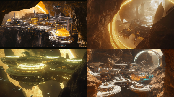 2190年，科幻冥王星，鸟瞰图，巨大场景，球星上有很多岩石洞，人类在冥王星上旅行，人类在这里搭建了一座座嵌入岩石峡谷的未来主义度假村封闭式，有一座类似迪拜巨环环绕的哈利法塔建筑。建筑顶部圆弧发光，建筑通道之间都用一种特殊保护膜链接，人们在室内，科技感，拥有发光的圆顶大建筑和灯火通明的通道，空中有很多未来飞行器，天空中有天体巨大星环环绕，漩涡星云，镜像的太空，超逼真，未来主义，4k，黄色，褐色，白色色调，电影感