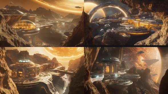 2190年，科幻冥王星，鸟瞰图，巨大场景，球星上有很多岩石洞，人类在冥王星上旅行，人类在这里搭建了一座座嵌入岩石峡谷的未来主义度假村封闭式，有一座类似迪拜巨环环绕的哈利法塔建筑。建筑顶部圆弧发光，建筑通道之间都用一种特殊保护膜链接，人们在室内，科技感，拥有发光的圆顶大建筑和灯火通明的通道，空中有很多未来飞行器，天空中有天体巨大星环环绕，漩涡星云，镜像的太空，超逼真，未来主义，4k，电影感