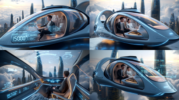 第一人视角，特写镜头，全封闭舱新未来主义的银灰色 “玉鸟号"无人驾驶私人家庭飞行器显示屏，驾驶界面是全息屏幕中显示仪表盘：“飞行时间5分钟”，“时速500公里每小时”，“城市区位地图定位，”。飞行器流线有发着蓝色量子光，真皮座椅，舱内前排坐着一对中国36岁情侣，商务着装，脸部细节刻画，背景是云端高空，背景是新未来主义的云端杭州城市建筑“杭州之门”，建筑玻璃幕墙材质，采用透镜光斑、深靛和深琥珀的风格，背景是高空中的摩登高楼大厦建筑群、云雾环绕，中未来感材料、流线能量蓝光、背景是云端新杭州未来科技城、白金黄色调。晨光，4k高清，逼真，飞行器外观以及内部细节