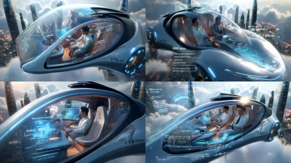 第一人视角，特写镜头，全封闭舱新未来主义的银灰色 “玉鸟号"无人驾驶私人家庭飞行器显示屏，驾驶界面是全息屏幕中显示仪表盘：“飞行时间5分钟”，“时速500公里每小时”，“城市区位地图定位，”。飞行器流线有发着蓝色量子光，真皮座椅，舱内前排坐着一对中国36岁情侣，商务着装，脸部细节刻画，背景是云端高空，背景是新未来主义的云端杭州城市建筑“杭州之门”，建筑玻璃幕墙材质，采用透镜光斑、深靛和深琥珀的风格，背景是高空中的摩登高楼大厦建筑群、云雾环绕，中未来感材料、流线能量蓝光、背景是云端新杭州未来科技城、白金黄色调。晨光，4k高清，逼真，飞行器外观以及内部细节