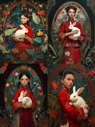 一位身着红色中国传统服饰的女孩，怀抱着一只白兔；背景中有色彩斑斓的植物和一个装饰性椭圆形画框，整体为深色背景，细节丰富，色彩鲜艳。（风格参考：artstation 平台风格，图像分辨率达 8k）