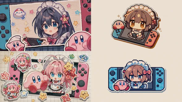 生成星之卡比的壁纸，手绘风格，可爱，像素电玩女仆，switch，贴纸感