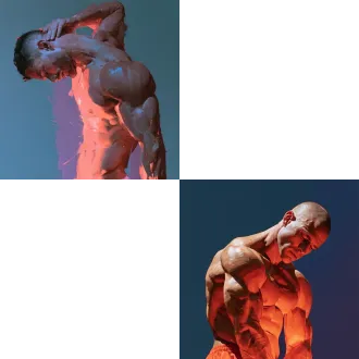 请根据以下绘画特点帮我重绘参考图，突出男性力量，肌肉线条美感。顶级超现实现代艺术油画, 表现主义先锋插画, 强烈视觉冲击力， 轮廓无生硬独立描边, 平滑湿画法晕染， 写意与写实融合, 背景无具象元素纯写意色彩流动，构图极度紧凑, 核心主体撑满整个画布, 画面裁切至主体核心区域, 视觉焦点锁定主体色块与结构张力，极简荒诞先锋艺术风格, 矛盾拉扯对抗感, 内在撕裂感的视觉表达, 夸张失调的表现主义造型比例， 线条随张力夸张扭曲, 用违背常规逻辑的动态, 传递荒诞的内在情绪冲突, 先锋前卫艺术表达。 画面干净利落, 无多余背景元素, 突出核心主体。 弱化所有微观细节, 强调整体色彩块面形式感, 仅通过冷暖色彩渐变塑造体积与结构。 油画专业技法：着色区域采用湿画法平滑色彩晕染, 无多余笔触感, 色彩过渡自然柔和；色块交界、轮廓边缘保留自然油画笔触感, 厚涂肌理仅体现在色块交界与背景区域；画布肌理仅叠加在背景与轮廓边缘, 着色区域无额外肌理堆砌；轮廓线由相邻色块的冷暖渐变自然形成, 高饱和主观配色, 强烈冷暖色彩对冲, 主体色彩艺术化处理为明黄→橙红的自然渐变；背景为天鹅绒绿-湖蓝-深紫的流动晕染渐变, 无杂色溢出, 极致装饰性与艺术表现力。 8k超高清, 画面整体风格统一, 无元素冲突, 专业艺术油画质感优