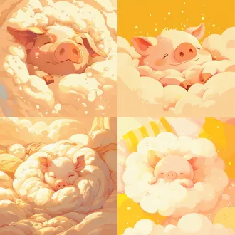 a super cozy piglet snuggled deep in a fluffy cloud-like duvet, only its nose and closed eyes visible, expression of pure contentment, morning sunlight filtering in, background of soft pillows, vector illustration, warm pastel yellow and cream colors.