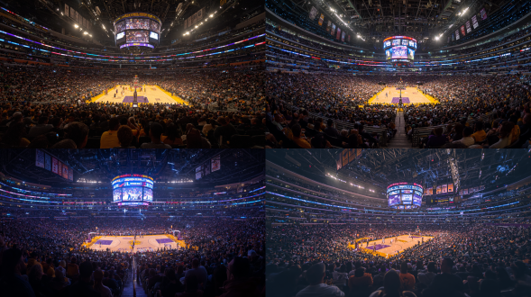 photo + los angeles lakers game + staples center with dazzling lights and cheering crowd + focus on the basketball court with players in action + dslr camera with wide-angle lens + vibrant and dynamic sports photography + high clarity, bright colors, energetic atmosphere.