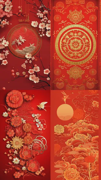 中国红背景，中国传统祝福词语组合，横排和竖排结合排版，吉祥如意，新岁启封，日子滚烫，步步生花，岁岁无忧，向阳生长，不负昭华，万事顺遂，马踏祥云，平安喜乐，万象更新