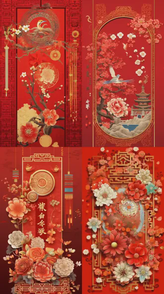 中国红背景，中国传统祝福词语组合，竖排版面，版面文字：吉祥如意，新岁启封，日子滚烫，步步生花，岁岁无忧，向阳生长，不负昭华，万事顺遂，马踏祥云，平安喜乐，万象更新。