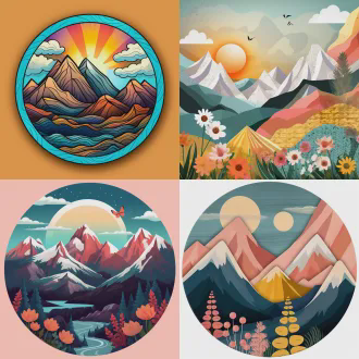 请生成一张不干胶背景图，层层叠加的山峰，线条表现，整体染色，抽象画面，符合西方审美，画面呈现春天的气息。