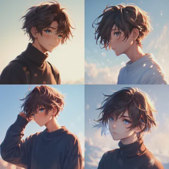 黑头发动漫男，简约背景，中心构图，纯色背景，现代动漫风格，中性色调，柔和光线，冷静眼神，略微低头，帅气侧脸，简约服装，高领毛衣，轻微阴影，细腻线条，平面设计感，情绪深沉，优雅氛围