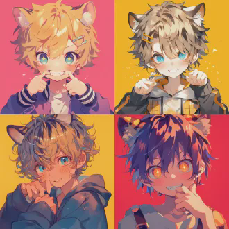 兽耳正太，动漫头像，视觉冲击感强，身穿简约服饰，害羞，大眼睛闪闪发亮，微笑露虎牙，纯色背景，二次元风格，