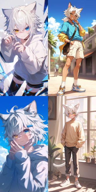 兽耳正太，白色头发，白色猫耳，一只眼睛黄褐色，另一只眼睛蓝色。动漫头像，视觉冲击感强，身穿简约服饰，害羞，大眼睛闪闪发亮，微笑露虎牙，背景虚化，二次元风格，全身，全景