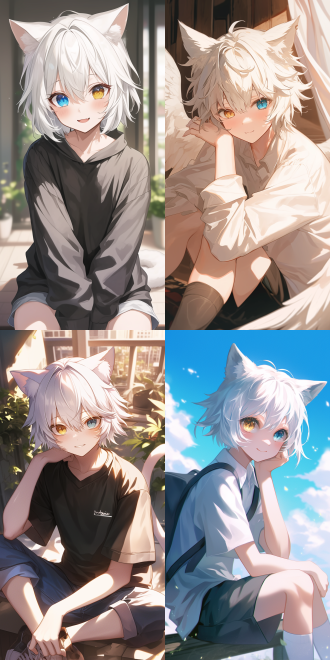 兽耳正太，白色头发，白色猫耳，一只眼睛黄褐色，另一只眼睛蓝色。动漫壁纸，视觉冲击感强，身穿简约服饰，可爱娇羞，大眼睛闪闪发亮，微笑露虎牙，坐着，背景虚化，二次元风格，全身，全景