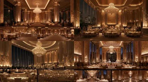 professional cinematic scene design sheet, luxury five-star hotel grand banquet hall interior, macro wide-angle establishing shot, soaring 8-meter ceiling, 40-meter-wide hall, marble columns with gold-leaf relief carvings, ornate gilded feature wall, full-height floor-to-ceiling windows overlooking a glittering city skyline at night, giant crystal chandelier, rows of round banquet tables with white linen and crystal glassware, live chef action station and carving counter, lavish floral installations, warm amber and champagne-gold lighting, deep shadows, opulent and oppressive atmosphere of wealth and power, clinking glasses, elegant guests in formalwear blurred in the background, clean two-by-two grid layout, 2 rows 2 columns, four separate 16:9 panoramic frames of the same location, each panel a full wide establishing view: panel 1 frontal symmetric view along the central axis, panel 2 wide view from the front-left 45 degrees relative to that center line, panel 3 wide view from the front-right 45 degrees, panel 4 reverse view from the interior looking back toward the entrance, modern urban family-revenge drama aesthetic, photorealistic live-action film still, anamorphic lens, volumetric light, ultra-detailed architectural visualization, editorial photography