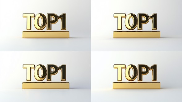 3d立体字，“top1” 文字，字母大写，字体粗黑，金色金属质感，光滑表面，白色背景，简洁风格，正面视角，4k，高清