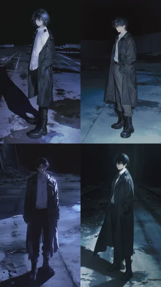 21岁青年男子，猩红瞳孔，黑色长发，哀伤凝视前方，身着白色长袖与黑色军大衣、长裤及战术长靴，黑夜中立于混凝土道路，背景为建筑废墟，废墟场景，电影感，全身肖像，侧光，阴郁氛围，冷色调，广角镜头，高对比度，细节丰富，静态站立，荒凉，孤寂。