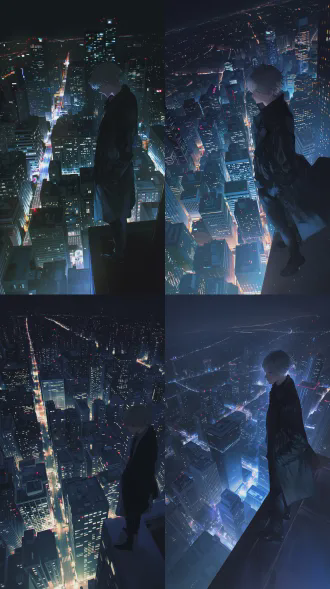 青年男子灰色长发黑色风衣黑色长裤，站在摩天大楼楼顶边缘俯瞰城市夜景，特写侧脸眼神深邃，都市霓虹光晕映照，孤独氛围，35mm镜头，暗调电影感，长曝光，俯视角度，城市天际线，冷色调与霓虹点缀，忧郁沉思。