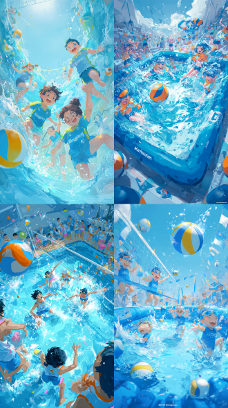 水上排球比赛，蓝色充气水池，欢乐氛围，插画风格，卡通人物，穿“星隆城”泳衣，激烈对抗，水花四溅，鲜艳色彩，动态构图，广角镜头，高饱和度，阳光照射，活力四射，品牌标志显眼，夸张动作，明亮色调，快乐表情，水珠飞散，俯视角度，运动感强，对比鲜明。