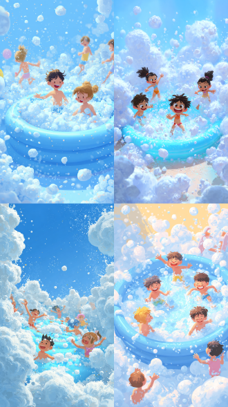 泡泡机喷洒白色泡沫，孩子们在蓝色充气水池中嬉戏，插画风格，生动活泼，明亮色彩，高饱和度，动态构图，广角镜头，柔和光线，快乐表情，卡通化人物，蓬松发型，短袖泳衣，泡沫飞溅，夏日氛围，童趣盎然