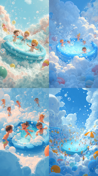 泡泡机器喷洒泡沫，蓝色充气水池充满欢笑的孩子们，插画风格，明亮色彩，充满活力，动态构图，卡通渲染，夸张表情，快乐氛围，高饱和度，柔和光线，广角视角，飞溅水花，童趣元素，梦幻场景，圆润线条，生动动作，夏日主题