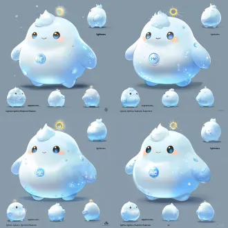 圆滚滚的短小型身材，线条柔和无棱角，像一团被精心塑形的 软乎乎的气体，体现 “轻盈” 和 “无固定形态” 的特质。主体色通透的淡天蓝色，接近无色的视觉化处理，避免沉重感，身体边缘带半透明渐变，仿佛随时会 飘起来。头发发饰用浅金色，瞳孔为清澈的冰蓝色，增加灵动感。发型为蓬松的短发或丸子头，发丝设计成向上微微翘起的弧度，像被气流托起，强化 “轻、漂浮” 的感觉；头顶可加一个迷你的太阳光芒发饰，宽松的短款连体衣，材质类似轻薄的宇航服但更卡通化，衣服上有一个小小的 “he” 元素符号刺绣。