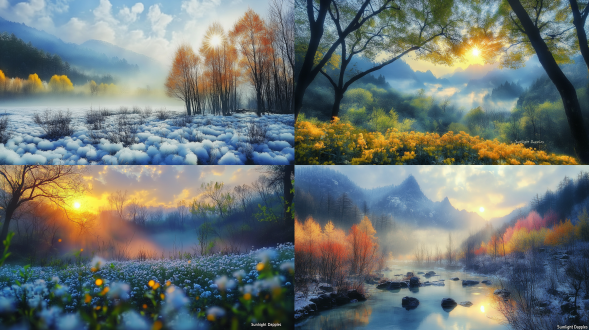 叠加 “阳光光斑” 特效，画面穿插圆形光斑，温暖明亮，山谷，远景，夕阳