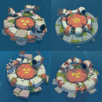 an isometric view of an abandoned circular mechanical platform floating in deep blue water, featuring robotic arms with a three-fingered mechanical hand and a robot head with a large black lens. a yellow nuclear radiation hazard symbol in the center of a rusty red circular plate. white and orange metal surfaces covered in rust, cracked concrete plates, overgrown with green moss and tiny plants. deep blue underwater background with bubbles. 2d illustration, video game concept art, stylized, flat shading, muted colors, clean lines, soft lighting