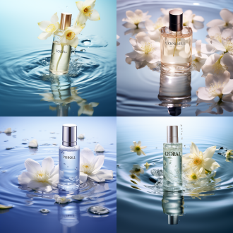 欧莱雅瓶浮于水上带涟漪，花环绕，对称构图，极简风，冷色调，优雅清冷，光线追踪，超高清8k，专业商业海报摄影。