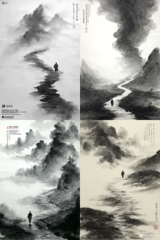 masterpiece of song dynasty ink wash painting, on xuan paper, capturing the poetic melancholy of "endless journey, journey anew". in the style of mi fu's misty landscapes, a lone scholar figure walks along a winding path that vanishes into ethereal mountains and vast blank space (liu bai). the brushwork is swift, expressive, and suggestive, using a range of monochromatic ink tones from pale, washed-out gray to deep, soulful black. the atmosphere is profoundly lonely, poetic, and philosophical, emphasizing the emotional weight of departure and the endless road ahead. the composition is minimalist, with over two-thirds of the scroll dedicated to mist and emptiness, evoking a sense of infinite distance and quiet sorrow.