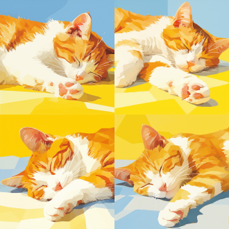 the head of an orange and white cat is depicted in a low polygon art style, with warm colors. its body and fur are composed of geometric shapes. the background is an abstract, multi-colored geometric pattern, with tones including yellow, blue and white. small triangles are scattered around, along with oil painting strokes.