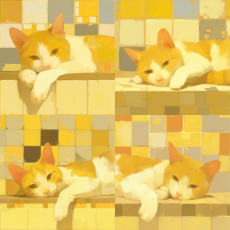 the head of an orange and white cat is depicted in a low polygon art style, with warm colors. its body and fur are composed of geometric shapes. the background is an abstract, multi-colored geometric pattern, with tones including yellow, blue and white. small triangles are scattered around, along with oil painting strokes.