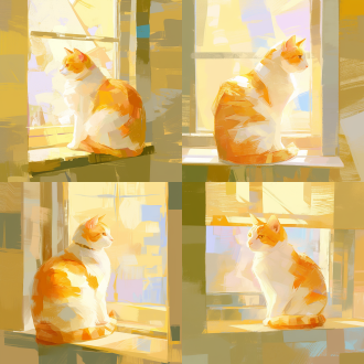 the head of an orange and white cat is depicted in a low polygon art style, with warm colors. its body and fur are composed of geometric shapes. the background is an abstract, multi-colored geometric pattern, with tones including yellow, blue and white. small triangles are scattered around, along with oil painting strokes.