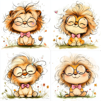 a chubby-faced cute cartoon lion with fluffy hair, wearing round glasses and a pink bow tie, sitting on the grass with a small crystal on its head, closed eyes, and a smug yet adorable expression. the background is plain white with some small flowers and grass at the bottom. style is 3d cartoon
