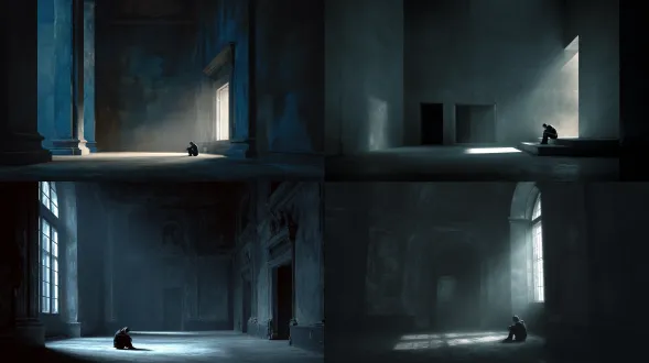 a tiny, shadowy figure of a person huddled in the corner of a vast, empty, and decaying room. the architecture is grand but ruined, like a forgotten palace. a single, faint light source from a high window casts a long, dramatic shadow, isolating the figure even more. the person is faceless or has a face filled with despair, holding knees to chest. surrealism, melancholic atmosphere, cinematic lighting, style of zdzisław beksiński and remedios varo, deep blues and grays