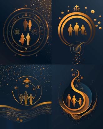 a minimalist golden circular infographic in three layers, central layer: silhouette of three generations holding hands, warm orange glow, middle layer: fluid golden curve rising from left (25y) to right (80y) with coins flowing along it, outer layer: four icons (retirement community building + medical cross + suitcase + nursing hands), background: deep navy blue to light gold gradient river, particles floating towards a fountain at top right, financial infographic style, clean lines, luxury wealth management poster, 3d rendering, octane render,