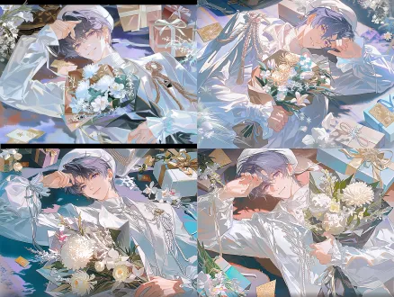 日系动漫二次元插画风格；半身像；男；18岁八头身比例；顶视图；微笑，紫色头发；白色贝雷帽；身穿华丽偶像风白衣套装，白色高领贴身上衣；衣身侧边编织绳系带，泡泡长袖，袖口风琴褶+垂坠细飘带，不对称剪裁衣摆；斜着平躺在地毯上；怀里抱着包装好一束花——含有白色波斯菊、白雪花、蝴蝶兰；花束贴在耳边；右手搭在额头上；画面四周散落三个礼物盒、花朵、烫金卡片；细腻二次元厚涂；氛围感强；8k高清；丰富明暗层次，紫色调；画面通透明亮；极限近景特写。