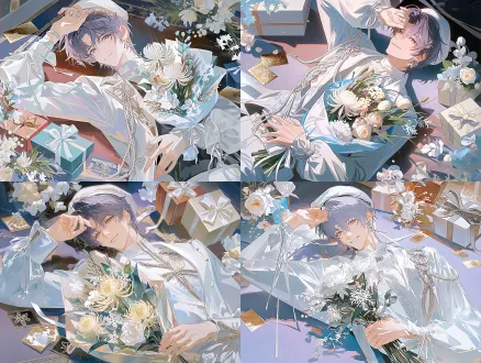 日系动漫二次元插画风格；半身像；男；18岁八头身比例；顶视图；微笑，紫色头发；白色贝雷帽；身穿华丽偶像风白衣套装，白色高领贴身上衣；衣身侧边编织绳系带，泡泡长袖，袖口风琴褶+垂坠细飘带，不对称剪裁衣摆；斜着平躺在地毯上；怀里抱着包装好一束花——含有白色波斯菊、白雪花、蝴蝶兰；花束贴在耳边；右手搭在额头上；画面四周散落三个礼物盒、花朵、烫金卡片；细腻二次元厚涂；氛围感强；8k高清；丰富明暗层次，紫色调；画面通透明亮；极限近景特写。