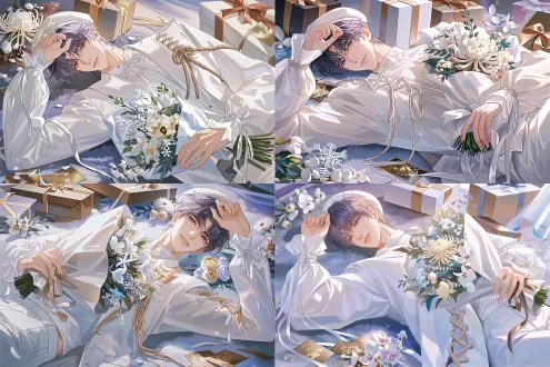 日系动漫二次元插画风格；近景半身像；男；18岁八头身比例；顶视图；微笑，紫色头发；白色贝雷帽；身穿华丽偶像风白衣套装，白色高领贴身上衣；衣身侧边编织绳系带，泡泡长袖，袖口风琴褶+垂坠细飘带，不对称剪裁衣摆，白裤；身体斜着平躺在地毯上，胸腔朝上；手臂抱着包装好一束花——含有白色波斯菊、白雪花、蝴蝶兰；花束贴近耳边；右手搭在额头上；眼睛看向镜头；画面四周散落三个大的礼物盒、花朵、烫金卡片；细腻二次元厚涂；氛围感强；8k高清；丰富明暗层次，紫色调；画面通透明亮；极限近景特写。