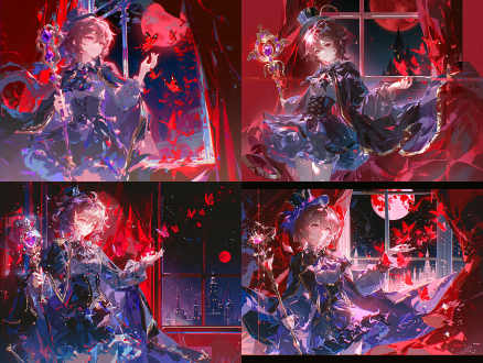 日系动漫二次元插画风格；女；十六岁7头身比例；半身像；近景特写，齐肩棕褐色短发；头戴黑色迷你高顶小礼帽；外搭长款黑色斗篷披风，边缘金色镶边；内搭深灰衬衫；黑色蝴蝶结领结；黑色系带束腰；多层荷叶边哥特洛丽塔短裙；人物侧身站在画面左侧，左手持华丽镶宝石权杖，右手轻轻抬起，成群红色蝴蝶从窗外陆续飞落掌中，背景城堡窗户，红色窗帘，红色月亮夜晚，二次元原神美术风格，精致厚涂，通透柔和自然光，电影级氛围感，红色色调；日系二次元薄涂，细腻上色，电影柔光，高细节，8k超清，色彩通透。
