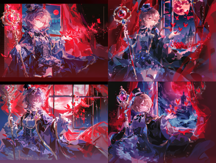 日系动漫二次元插画风格；女；十六岁7头身比例；半身像；近景特写，齐肩棕褐色短发；头戴黑色迷你高顶小礼帽；外搭长款黑色斗篷披风，边缘金色镶边；内搭深灰衬衫；黑色蝴蝶结领结；黑色系带束腰；多层荷叶边哥特洛丽塔短裙；人物侧身站在画面左侧，左手持华丽镶宝石权杖，右手轻轻抬起，成群红色蝴蝶从窗外陆续飞落掌中，背景城堡窗户，红色窗帘，红色月亮天空，二次元原神美术风格，通透柔和自然光，电影级氛围感，红色色调；日系二次元薄涂，细腻上色，电影柔光，高细节，8k超清，色彩通透。