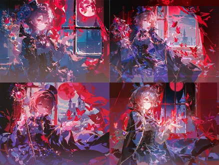 日系动漫二次元插画风格；女；十六岁7头身比例；半身像；近景特写，齐肩棕褐色短发；头戴黑色迷你高顶小礼帽；外搭长款黑色斗篷披风，边缘金色镶边；内搭深灰衬衫；黑色蝴蝶结领结；黑色系带束腰；多层荷叶边哥特洛丽塔短裙；人物侧身站在画面左侧，左手持华丽镶宝石权杖，右手轻轻抬起，成群红色蝴蝶从窗外陆续飞落掌中，背景城堡窗户，红色窗帘，红色月亮天空，二次元原神美术风格，通透柔和自然光，电影级氛围感，红色色调；日系二次元薄涂，细腻上色，电影柔光，高细节，8k超清，色彩通透。