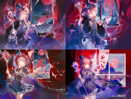 日系动漫二次元插画风格；女；十六岁7头身比例；半身像；近景特写，齐肩棕褐色短发；头戴黑色迷你高顶小礼帽；外搭长款黑色斗篷披风，边缘金色镶边；内搭深灰衬衫；黑色蝴蝶结领结；黑色系带束腰；多层荷叶边哥特洛丽塔短裙；人物侧身站在画面左侧，左手持华丽镶宝石权杖，右手轻轻抬起，成群红色蝴蝶从窗外陆续飞落掌中，背景城堡窗户，红色窗帘，红色月亮天空，二次元原神美术风格，通透柔和自然光，电影级氛围感，红色色调；日系二次元薄涂，细腻上色，电影柔光，高细节，8k超清，色彩通透。