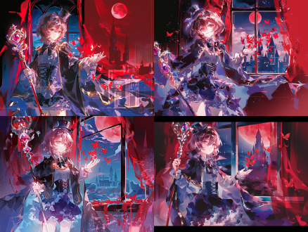 日系动漫二次元插画风格；女；十六岁7头身比例；半身像；近景特写，齐肩棕褐色短发；头戴黑色迷你高顶小礼帽；外搭长款黑色斗篷披风，边缘金色镶边；内搭深灰衬衫；黑色蝴蝶结领结；黑色系带束腰；多层荷叶边哥特洛丽塔短裙；人物侧身站在画面左侧，左手持华丽镶宝石权杖，右手轻轻抬起，成群红色蝴蝶从窗外陆续飞落掌中，背景城堡窗户，红色窗帘，红色月亮天空，二次元原神美术风格，通透柔和自然光，电影级氛围感，红色色调；日系二次元薄涂，细腻上色，电影柔光，高细节，8k超清，色彩通透。