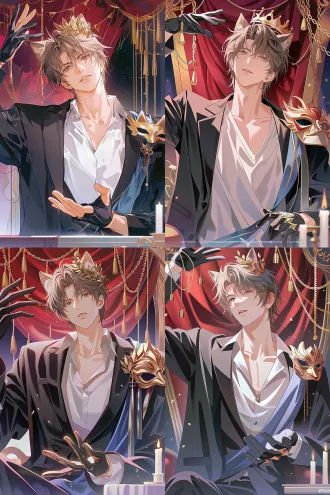 日系动漫二次元插画风格；男；十八岁8头身比例；半身像；浅棕灰色短发，头顶兽耳，耳间点缀金色枝叶冠饰，清冷淡漠表情；白色v领内衬；黑色v领西装外套；深蓝色绶带；右边肩膀悬挂金色悲剧面；黑金手套；身体略微侧向画面左方，头部向上微微扬起；左臂向上抬起，左手手掌舒展、掌心朝上；右手放在胸腔前；嘴巴微张；背景哥特奇幻舞台场景，悬挂厚重深红色丝绒幕布，幕布缀有金色珠链与流苏；右下角桌面放白色蜡烛；干净平涂底色，光影柔和，日系二次元厚涂，细腻上色，电影柔光，高细节，8k超清，色彩通透。