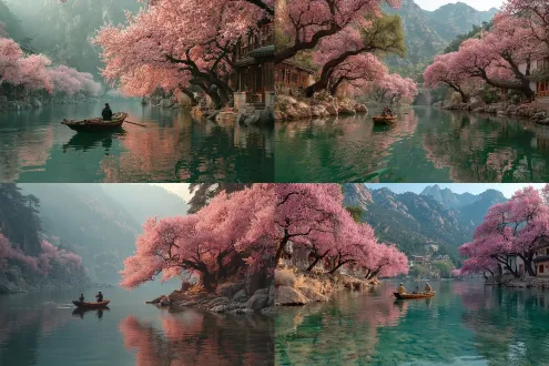 东晋太元年间，武陵郡有渔人沿溪行船，偶然遇见一片桃花林。溪岸两旁桃树绵延数百步，花瓣纷落，景色奇异。渔人继续前行至溪水源头，发现一座山，山脚有小洞口隐隐透光。他进入狭窄的通道后，眼前突然开阔，展现出一片平坦安宁的天地：整齐的房舍、肥沃的田地、清澈的池塘桑竹交错，田间小路相通，鸡犬之声相闻。人们安居乐业，无论老人孩童都悠然自得。