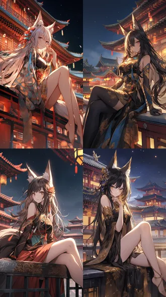 a woman with fox-like ears, wearing a colorful, short, off-the-shoulder dress with golden patterns, translucent sleeves with glowing golden runes, black tattoos on her legs and arms. she is barefoot and sitting on the tile roof of a traditional chinese ancient building. the background features a night sky with stars and a warm-lit traditional chinese ancient building. long hair is blowing in the wind. the overall scene is exquisite and full of a fantastical, ancient atmosphere.