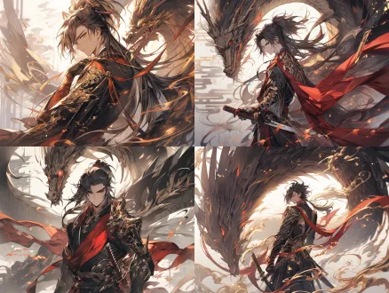 handsome guy in oriental style, sword in hand, sword dance, black and red costume, behind him is a phoenix emitting golden light, realistic and ethereal style. eastern zhou dynasty, the background of the picture is the strong air current that impacts the picture, 8k, fantasy, fable, animation style, epic the ink-and-wash lens flashes with golden magic light.abstract imagery, hard lighting, rembrandt lighting, fluid color combination style, surreal water. gloss/gloss