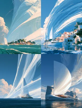 coastal yacht villa complex swept by strong sea breezes. the shape of the wind resembles massive sailing boat sails, painted with layered, breathable digital brushstrokes. illustration style, ocean color palette, romantic and free atmosphere, strong canvas texture feel, 8k